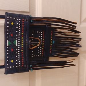Vintage Boho Leather Fringe Crossbody Bag Ethnic Tapestry Design